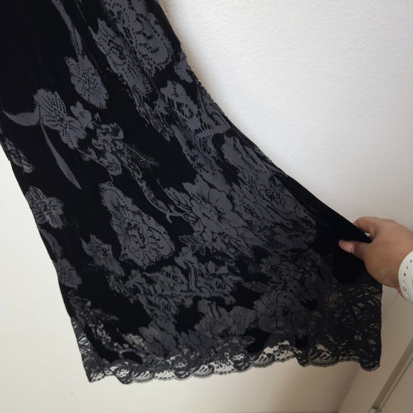 VTG Y2K 90s Women Fairy Grunge Velvet Burnout Silk Evening Dress Midi Lace Trim - Picture 5 of 13